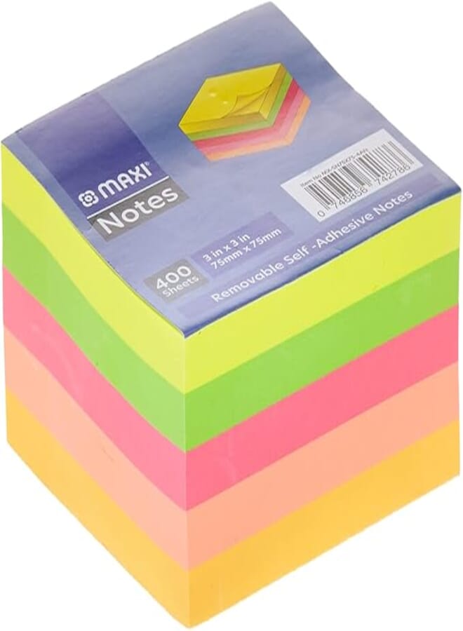 MAXI STICKY NOTES 75X75MM 5X80 ASSORTED NEON COLOR 400 SHEETS